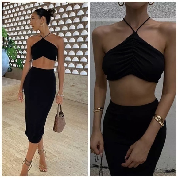 Two piece BLACK set midi skirt crop top - Picture 1 of 9